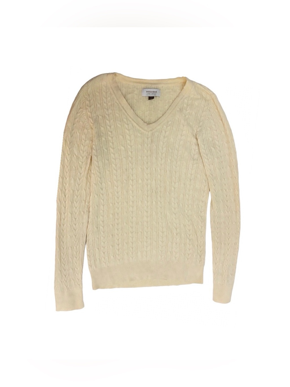 Sonoma Cream Cable Knit V-Neck Sweater Size M Preppy Cozy Fall Winter